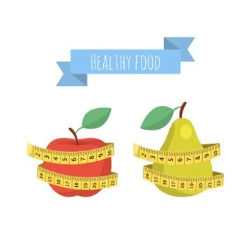 Vector Fresh red apple and green pear with measuring tape isolated on white b Illustrazione stock