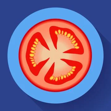 Vector Fresh red tomato slice icon with shadows and highlights Stock Illustration