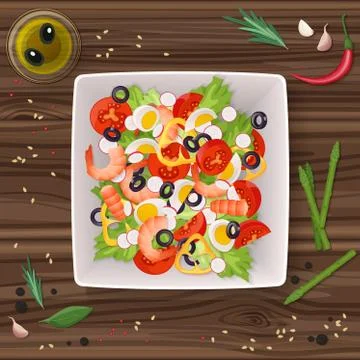 Vector Fresh vegetable and green leaf salad dish on the wooden table. Top view. Stock Illustration