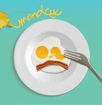 Vector Fried Egg isolated on white plate, fried egg with monday word. Illustrazione stock