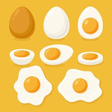 Vector Fried Egg, Sunny-Side-Up and Hard Boiled Egg Set, Closeup, Isolated Stock Illustration