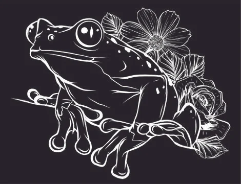 Vector frog with flower in black background Stock Illustration