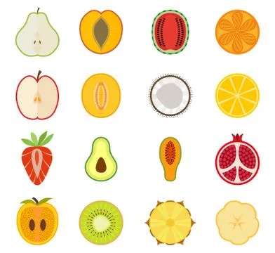 Vector fruit icon set - pear, peach, apricot, watermelon, orange, Apple, melon Stock Illustration
