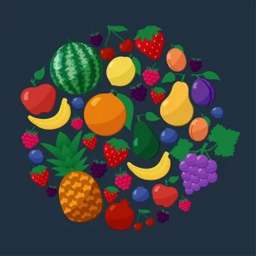 Vector Fruits and Berries Flat Style Icons Set in Circle Shape over Dark Back 스톡 일러스트