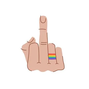 Vector fuck hand isolated on white background. Hand with a lgbt flag tattoo Stock Illustration