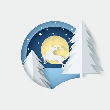 Vector of full moon with deer and snow. Merry Christmas and Happy new year Stock Illustration