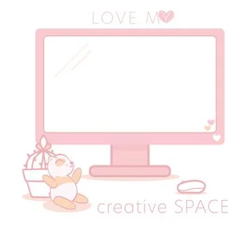 Vector Fun Cheerful Pink Home Office Computer with Mouse, Plant and Panda Stock Illustration