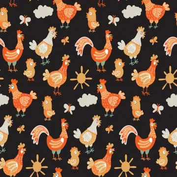 Vector fun chickens seamless pattern background with hand drawn farm birds. Illustrazione stock