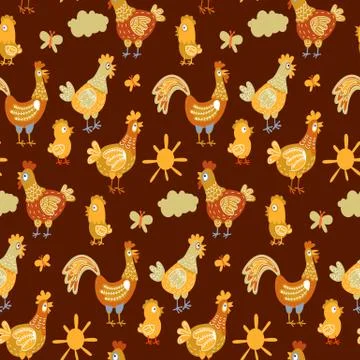 Vector fun chickens seamless pattern background with hand drawn farm birds. Illustrazione stock