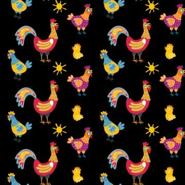 Vector fun chickens seamless pattern background with hand drawn farm birds. Stock Illustration