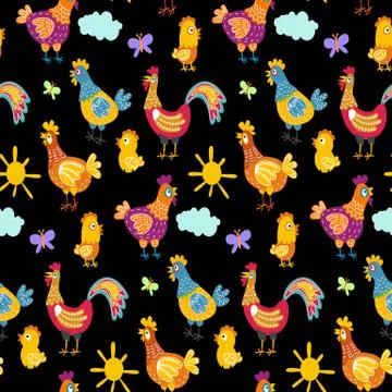 Vector fun chickens seamless pattern background with hand drawn farm birds. Stock Illustration