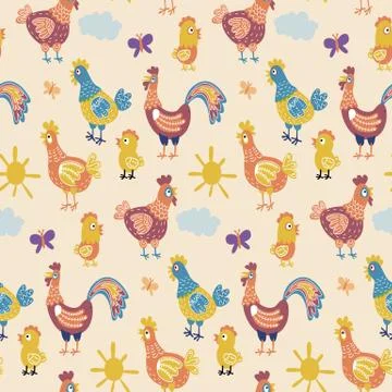 Vector fun chickens seamless pattern background with hand drawn farm birds. Illustrazione stock