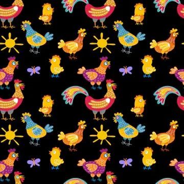 Vector fun chickens seamless pattern background with hand drawn farm birds. Illustrazione stock