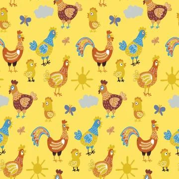 Vector fun chickens seamless pattern background with hand drawn farm birds. Illustrazione stock