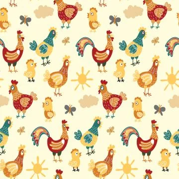 Vector fun chickens seamless pattern background with hand drawn farm birds. Illustrazione stock