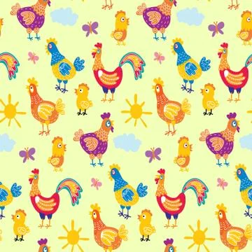 Vector fun chickens seamless pattern background with hand drawn farm birds. Stock Illustration