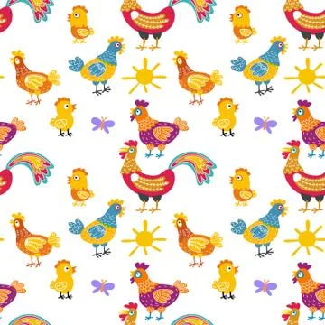 Vector fun chickens seamless pattern background with hand drawn farm birds. Illustrazione stock
