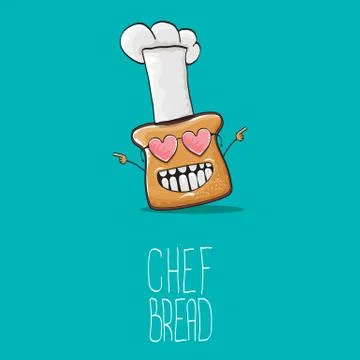 Vector funky cartoon cute bread chef character with white chef hat isolated on Stock Illustration