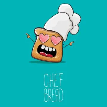 Vector funky cartoon cute bread chef character with white chef hat isolated on Stock Illustration