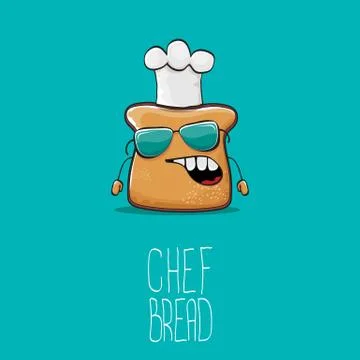 Vector funky cartoon cute bread chef character with white chef hat isolated on Stock Illustration