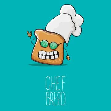 Vector funky cartoon cute bread chef character with white chef hat isolated on Stock Illustration