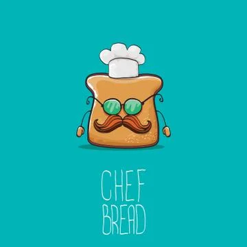 Vector funky cartoon cute bread chef character with white chef hat isolated on 스톡 일러스트