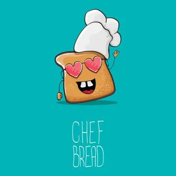 Vector funky cartoon cute bread chef character with white chef hat isolated on Stock Illustration