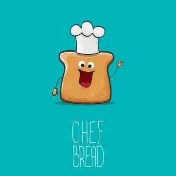 Vector funky cartoon cute bread chef character with white chef hat isolated on Stock Illustration