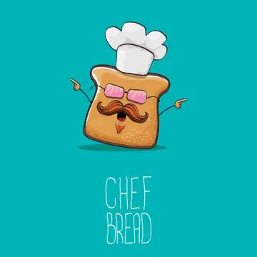 Vector funky cartoon cute bread chef character with white chef hat isolated on 스톡 일러스트