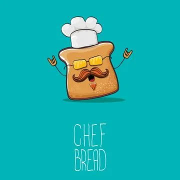 Vector funky cartoon cute bread chef character with white chef hat isolated on Stock Illustration