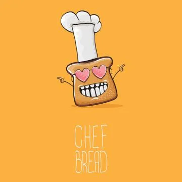 Vector funky cartoon cute bread chef character with white chef hat isolated on 스톡 일러스트