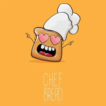 Vector funky cartoon cute bread chef character with white chef hat isolated on Stock Illustration