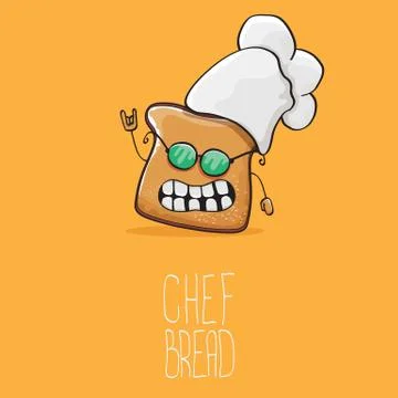 Vector funky cartoon cute bread chef character with white chef hat isolated on Stock Illustration
