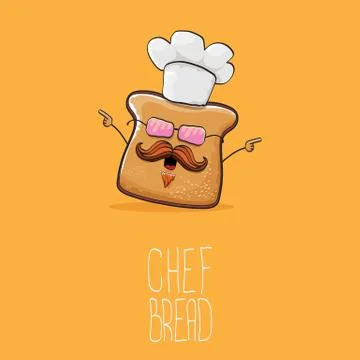 Vector funky cartoon cute bread chef character with white chef hat isolated on Illustrazione stock