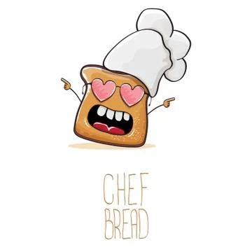 Vector funky cartoon cute bread chef character with white chef hat isolated on Stock Illustration
