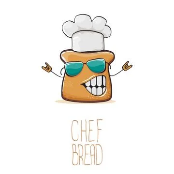 Vector funky cartoon cute bread chef character with white chef hat isolated on 스톡 일러스트