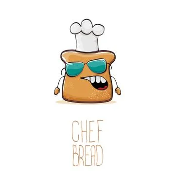 Vector funky cartoon cute bread chef character with white chef hat isolated on Illustrazione stock