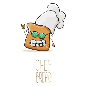 Vector funky cartoon cute bread chef character with white chef hat isolated on Illustrazione stock
