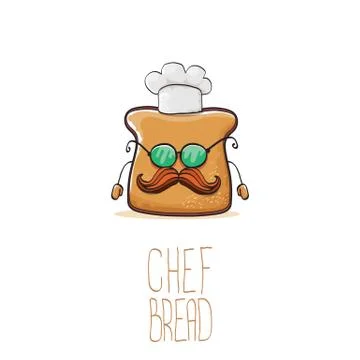 Vector funky cartoon cute bread chef character with white chef hat isolated on Stock Illustration