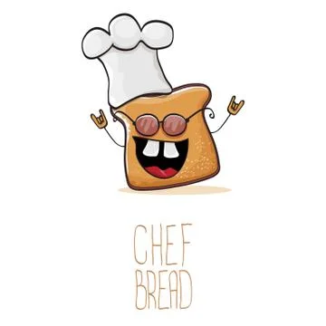 Vector funky cartoon cute bread chef character with white chef hat isolated on Illustrazione stock