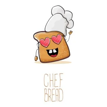 Vector funky cartoon cute bread chef character with white chef hat isolated on 스톡 일러스트