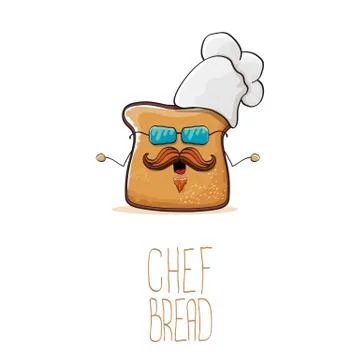 Vector funky cartoon cute bread chef character with white chef hat isolated on Illustrazione stock