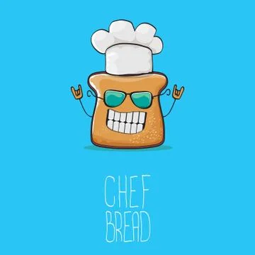 Vector funky cartoon cute bread chef character with white chef hat isolated on Stock Illustration