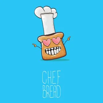 Vector funky cartoon cute bread chef character with white chef hat isolated on Stock Illustration