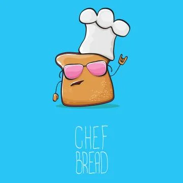 Vector funky cartoon cute bread chef character with white chef hat isolated on Illustrazione stock