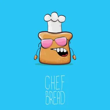 Vector funky cartoon cute bread chef character with white chef hat isolated on Stock Illustration