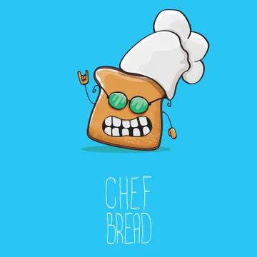 Vector funky cartoon cute bread chef character with white chef hat isolated on Stock Illustration