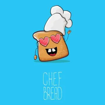 Vector funky cartoon cute bread chef character with white chef hat isolated on Stock Illustration