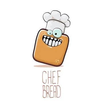 Vector funky cartoon smiling toast bread chef character with white chef hat Illustrazione stock
