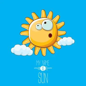 Vector funky cartoon style summer sun character on blue sky background. My name Illustrazione stock